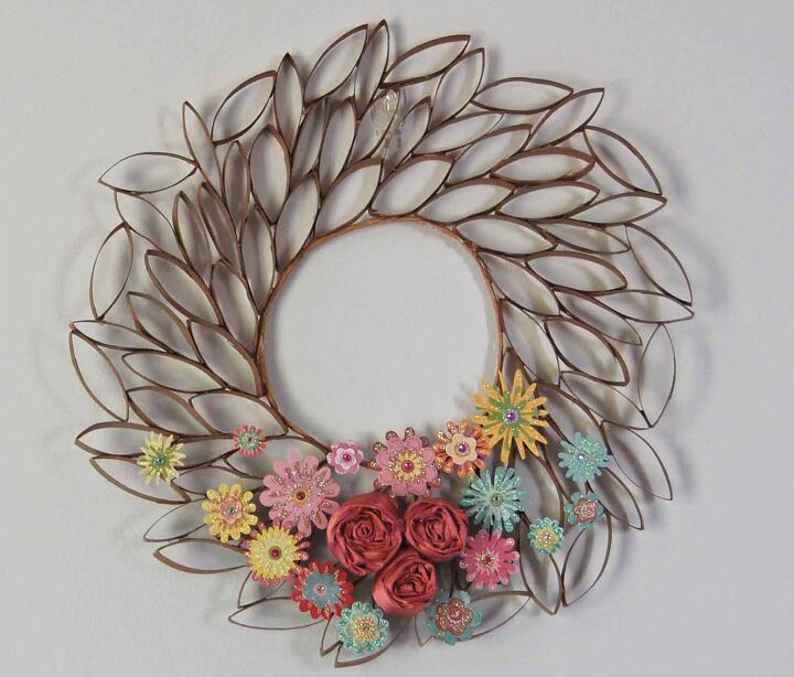 15 gorgeous ways to decorate your door after new year s, Upcycle toilet paper rolls into a pretty floral wreath