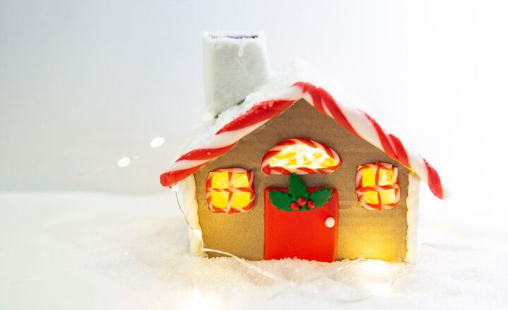 lighted gingerbread house using cardboard box clay