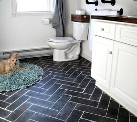 10 easy bathroom makeovers you can do in 1 day, Peel n stick a gorgeous herringbone floor with luxury vinyl tiles