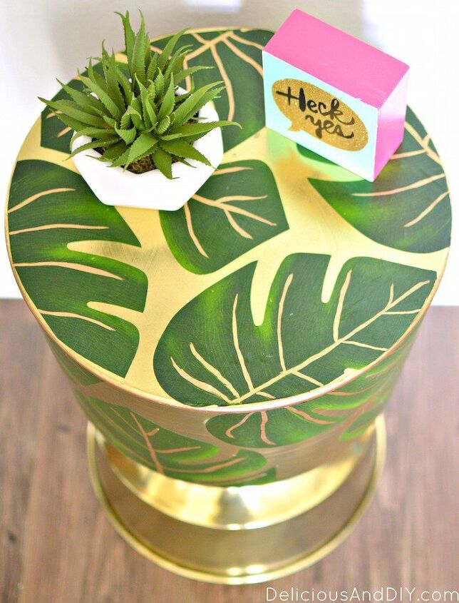 13 eye catching end tables you ll definitely want to add to your home, Decoupage palm leaves onto a gold accent table