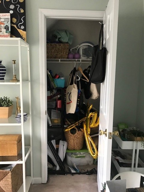 10 of our favorite makeovers of 2020, Revamp a chaotic closet with stylish wallpaper and a painted door