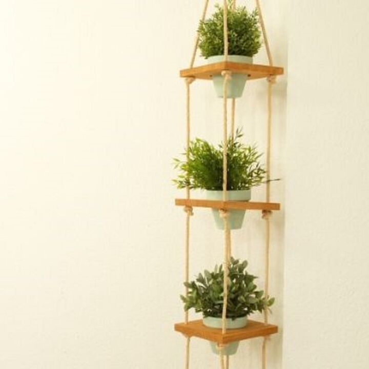 homemade hanging wood and rope planter