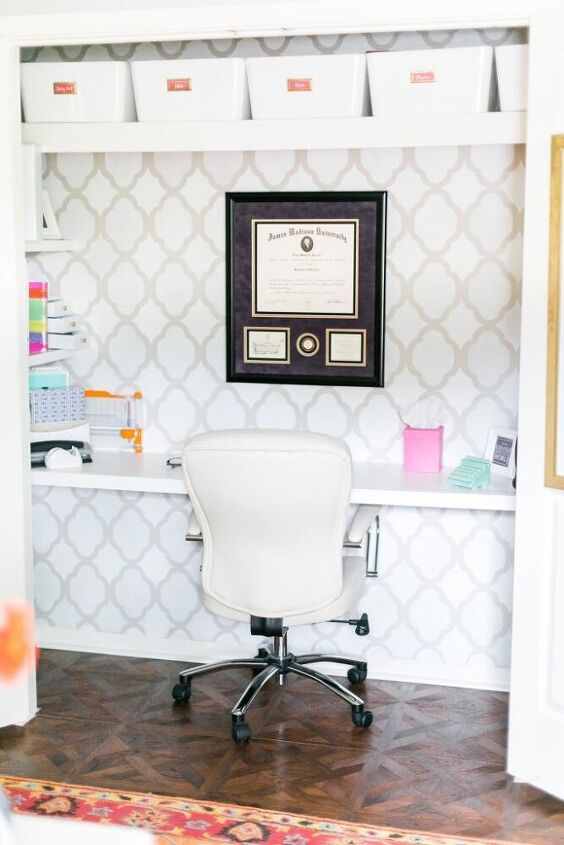 6 diy cloffice ideas for small spaces, Stencils Can Perk Up A Small Office Space