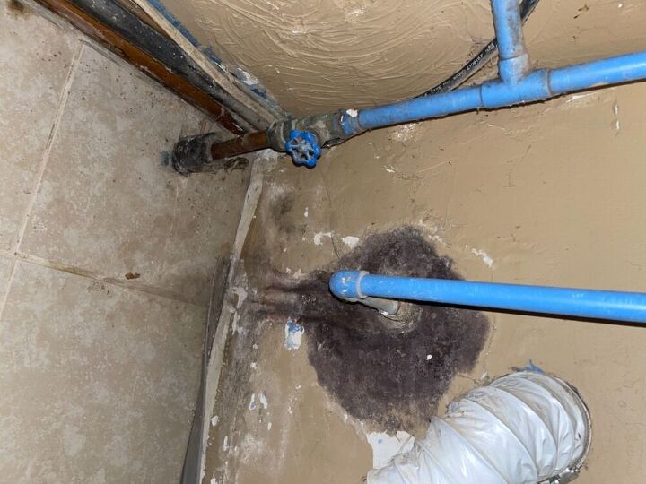q remove leaking outdoor faucet and fix moldy concrete wall