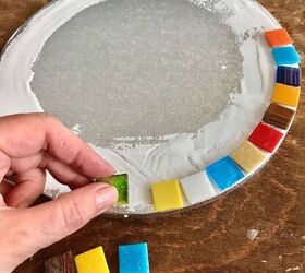how to transform a cake stand into a mosaic trivet, Glue mosaic tiles