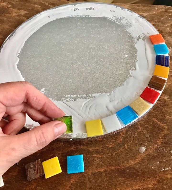 how to transform a cake stand into a mosaic trivet, Glue mosaic tiles