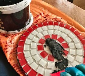how to transform a cake stand into a mosaic trivet, Grouting