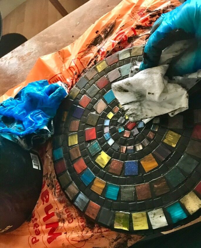how to transform a cake stand into a mosaic trivet, Cleaning grout off