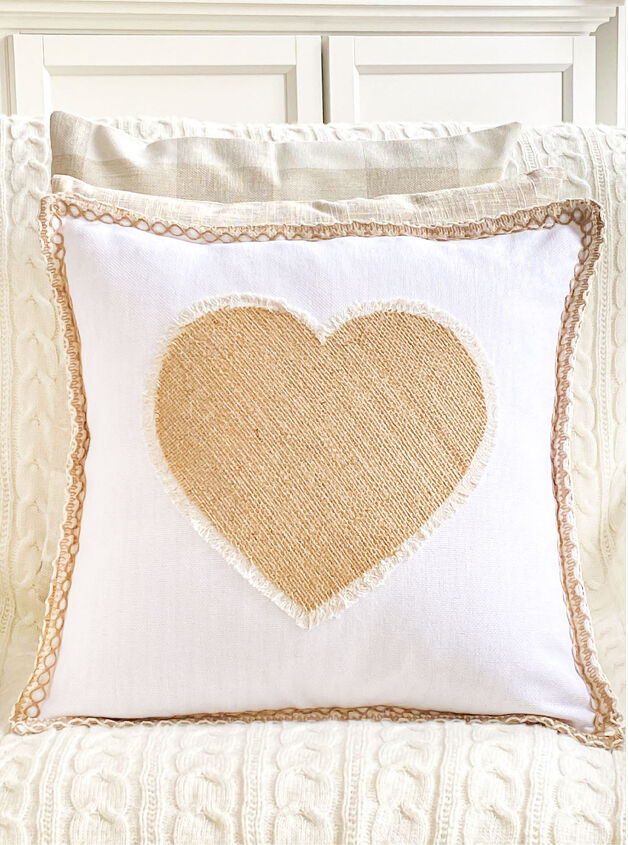 s 25 ways to make your home feel warm inviting after the holidays, No Sew Burlap Heart Pillow With Fringe Edge