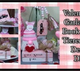 valentines day garland and wood stacked books tiered tray decor diy