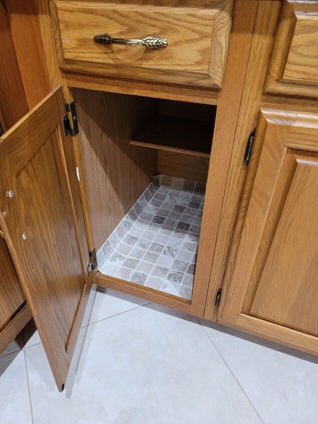 how i used linoleum floor tiles to line my kitchen shelves