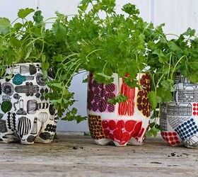 s 25 sweet upcycles that made us smile this month, Upcycled Marimekko Herb Planters