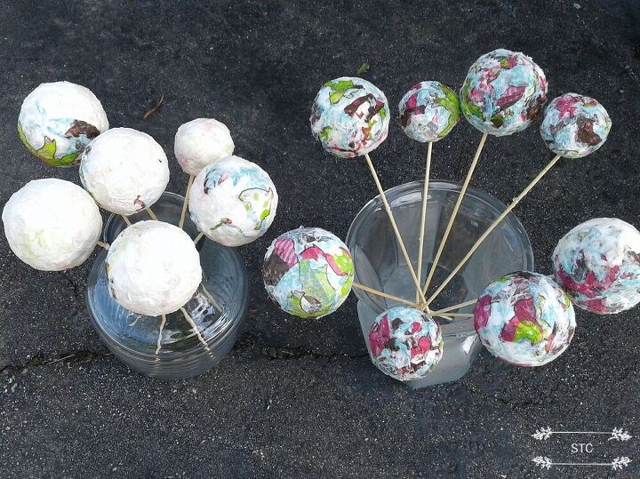 creating decor orbs from styrofoam balls, Decoupaged Balls Drying