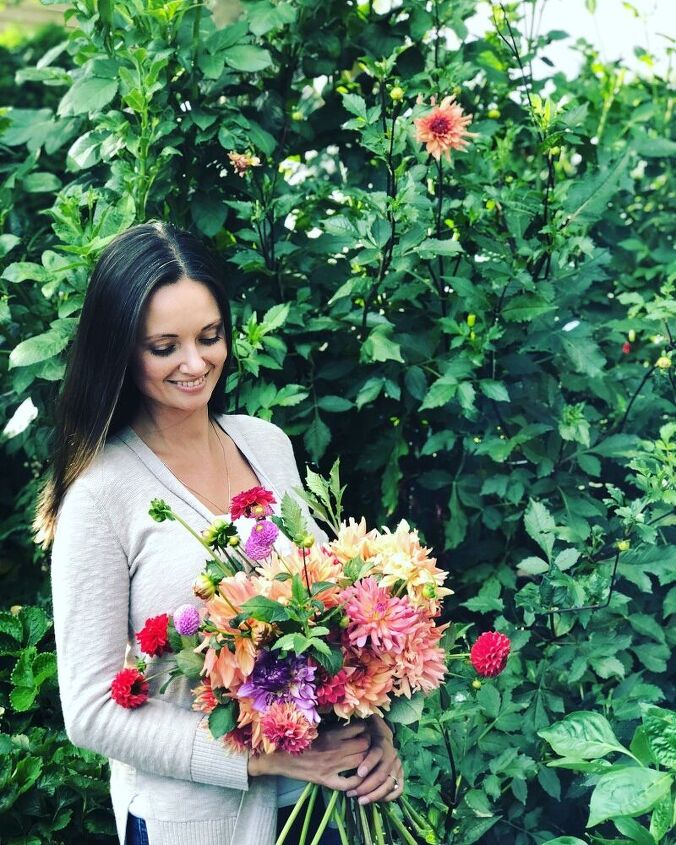como plantar tubrculos de dlia, Jennifer da The Flowering Farmhouse segurando flores de d lia rec m colhidas em seu jardim em 2015