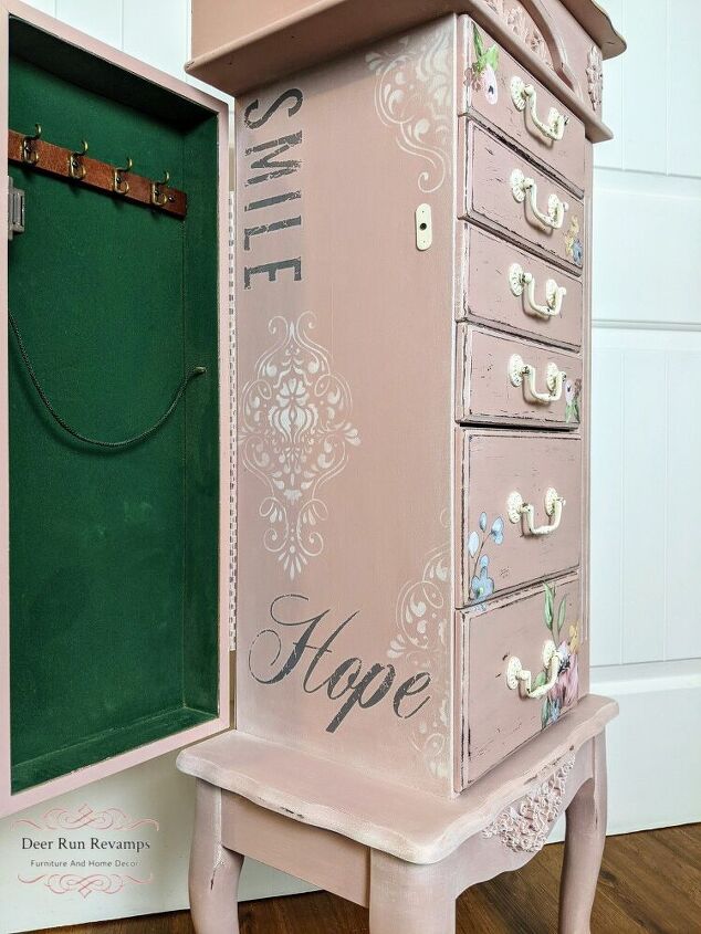 giving an old jewelry cabinet brand new life with stencils transfers