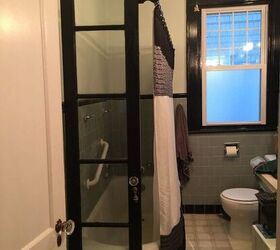 20 bathroom updates that ll make you smile while you brush your teeth, Make a unique shower wall with a French door