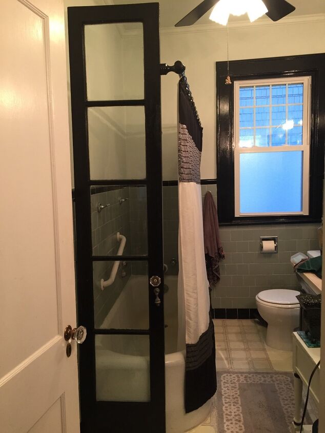 20 bathroom updates that ll make you smile while you brush your teeth, Make a unique shower wall with a French door