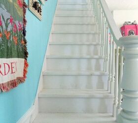 Tired of her boring white staircase, she raided her craft room to get this wild update