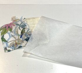 you can decoupage napkins onto fabric, I then cut the napkin to fit the top of the bag and cut a piece of parchment paper to place over the napkin when ironing The parchment paper is crucial Do not forget to use it or you will have napkin stuck on your iron