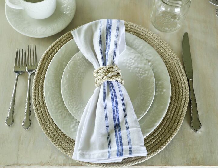 20 pretty dollar tree transformations for you to copy this weekend, Make farmhouse vibe plate chargers and napkins rings from craft cord