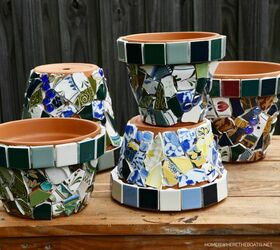 s 20 ways to update your flowers pots in time for spring, Upcycle broken dishes to make mosaic pots