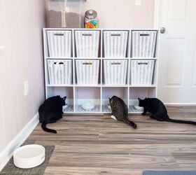 turn a cube shelf into a pet feeding station