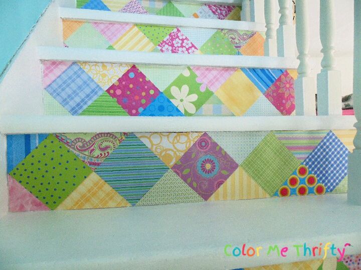 s refresh your decor this month with these 20 colorful spring ideas, DIY Scrapbook Paper Stairs Makeover