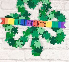 upcycle a lucky shamrock wreath from puzzle pieces