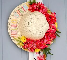 25 spring porch ideas that ll brighten up your block, Pretty front door floral straw hat decor
