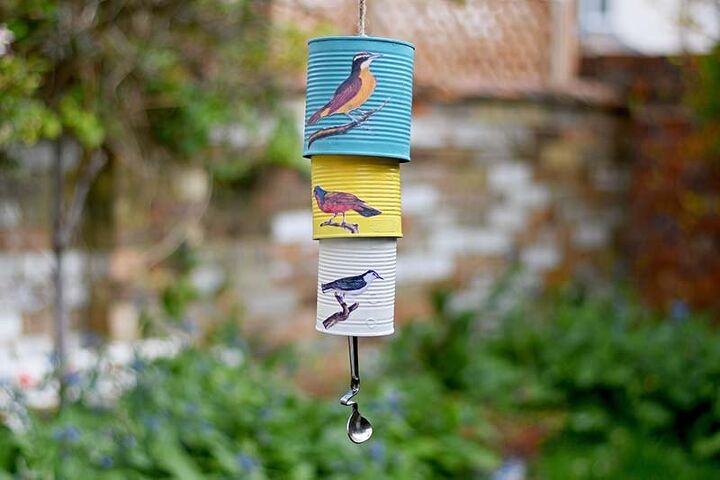 25 spring porch ideas that ll brighten up your block, Songbird tin can wind chime
