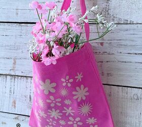 25 spring porch ideas that ll brighten up your block, Stenciled spring decor tote with faux florals