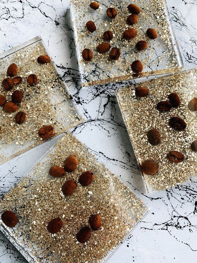 s 15 clever ways to use coffee to revamp your home decor, Make glittery coffee bean coasters