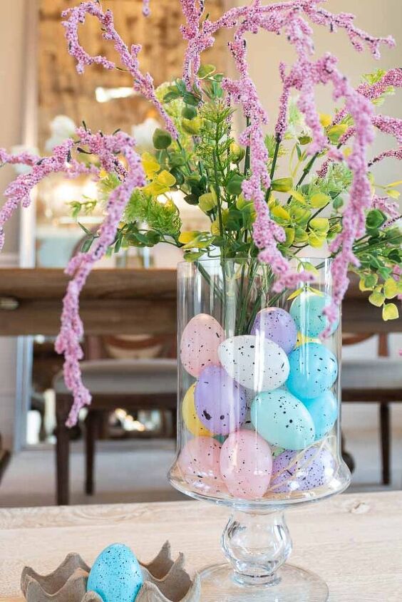 s 15 stunning ways to spruce up your mantel this month, Use colorful plastic eggs as vase fillers