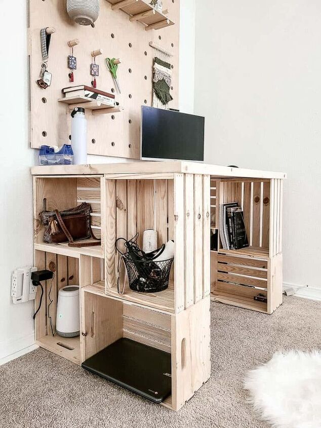 s 25 extremely clever ways to get extra storage space, Put together a simple wood crate desk