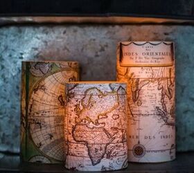 s 15 decor items you can transform by decoupaging, Their antique world map decoupaged candles