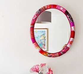 s 15 decor items you can transform by decoupaging, Her gorgeous fabric covered mirror