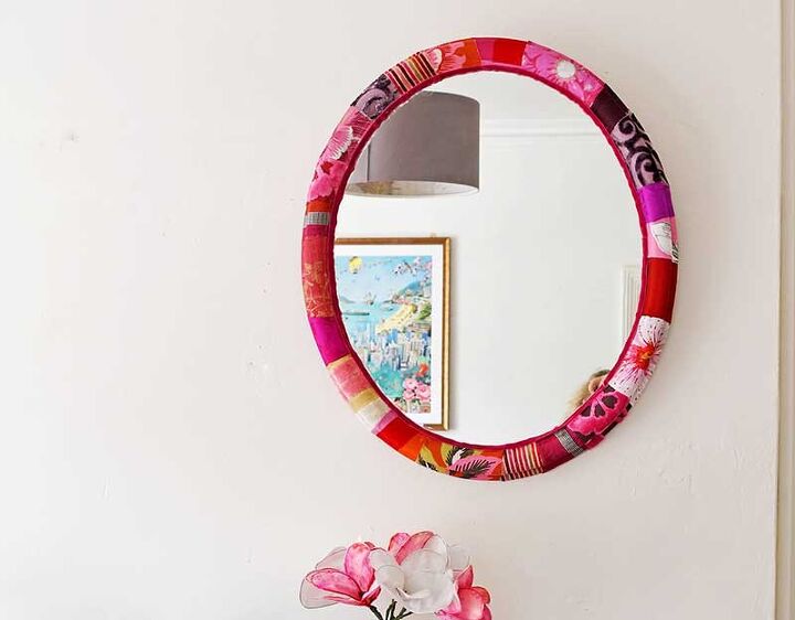 s 15 decor items you can transform by decoupaging, Her gorgeous fabric covered mirror