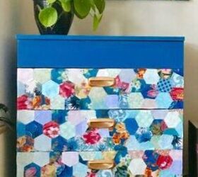 s 15 decor items you can transform by decoupaging, Her hexagonal paper patchwork dresser