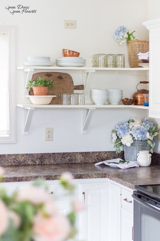 simple farmhouse kitchen open shelves how to diy brackets