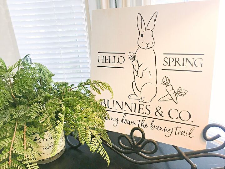20 ideas de decoracin de conejos increblemente bonitas, Un sencillo cartel de madera de primavera