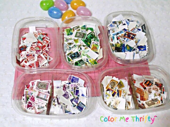 decoupage plastic easter eggs with postage stamps