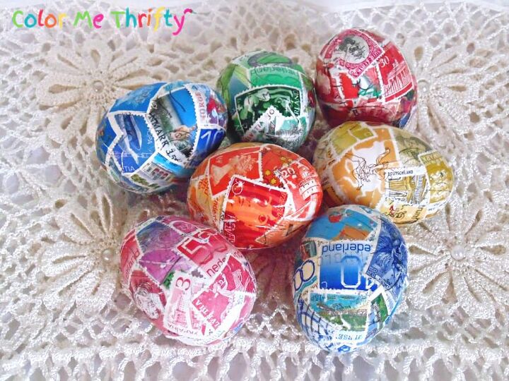 decoupage plastic easter eggs with postage stamps