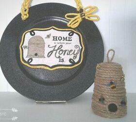 spring bee sign and skep made from thrifted items