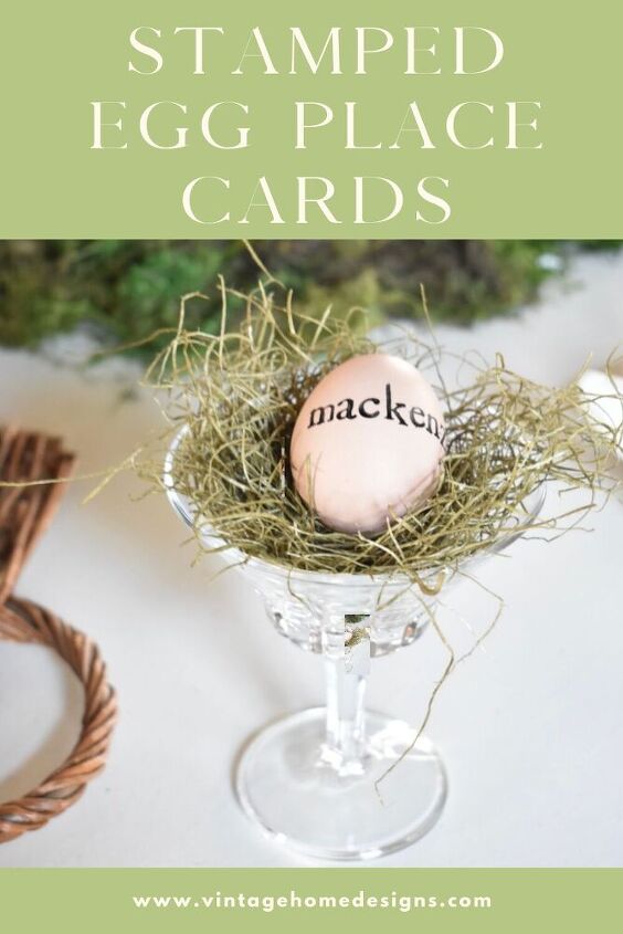 stamped egg place cards for a spring table