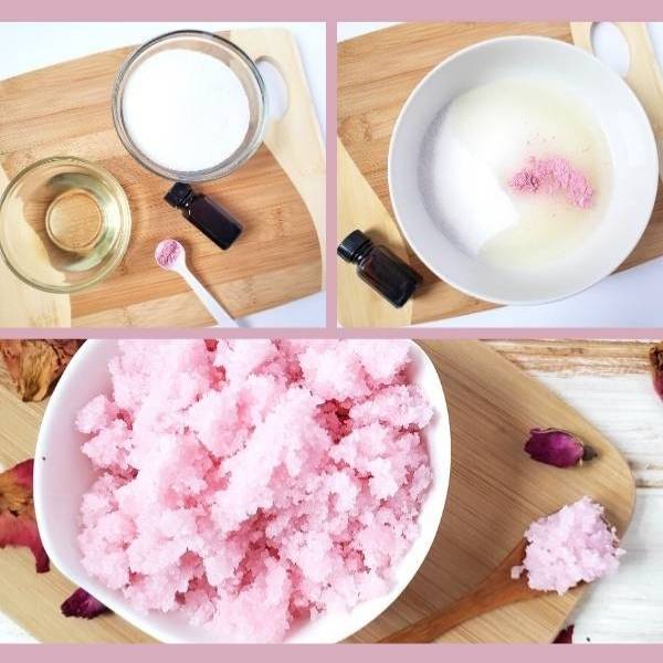rose sugar scrub recipe with essential oils for glowing skin