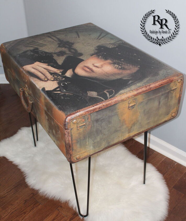 steampunk decoupage on vintage luggage redesigned sidetable