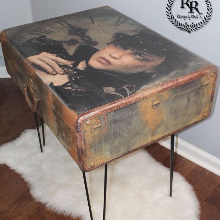 steampunk decoupage on vintage luggage redesigned sidetable