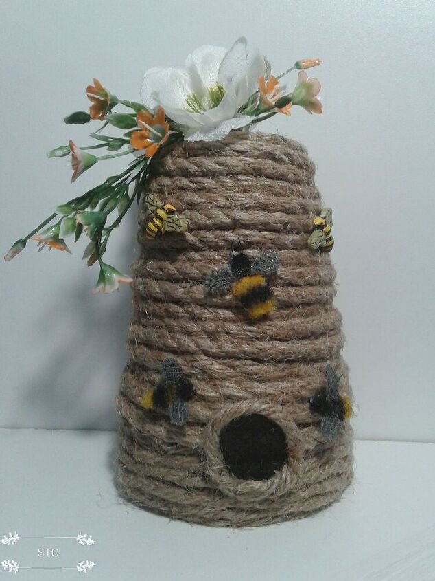 spring bee sign and skep made from thrifted items
