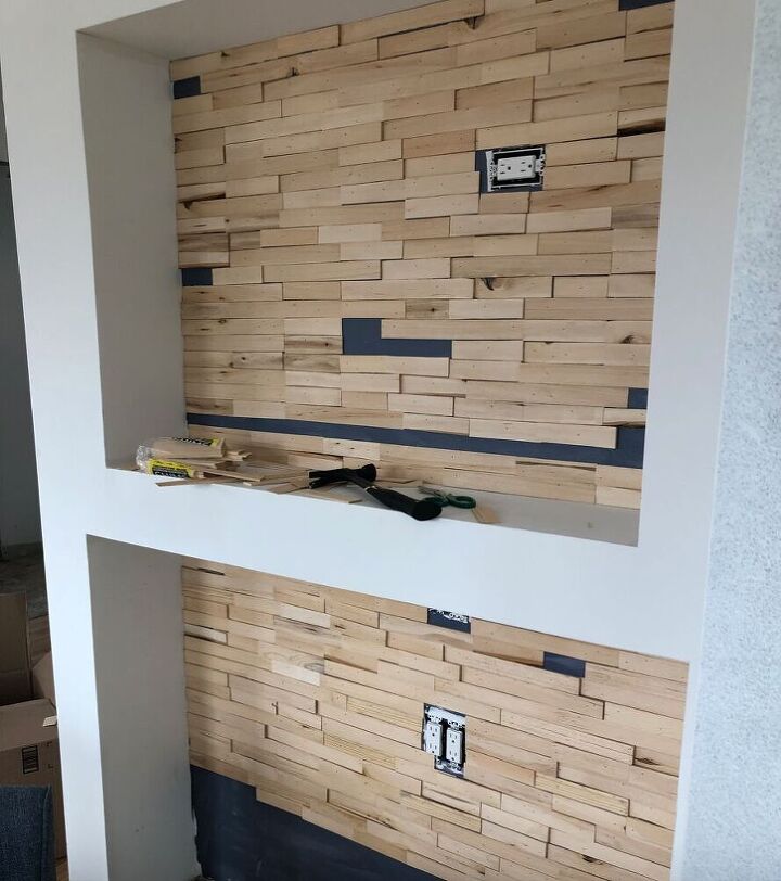 see how we added warmth with a diy wood shim accent wall, We painted behind the shims