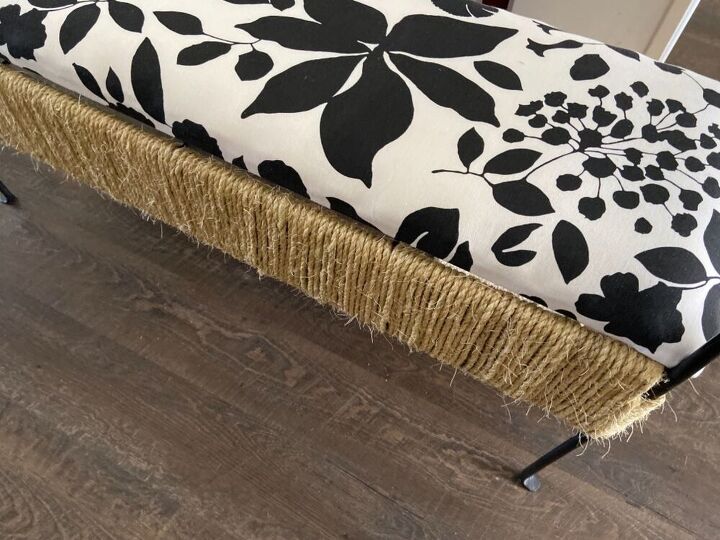 project bench becomes a one of a kind hallway bench, Here she is with a new fabric seat